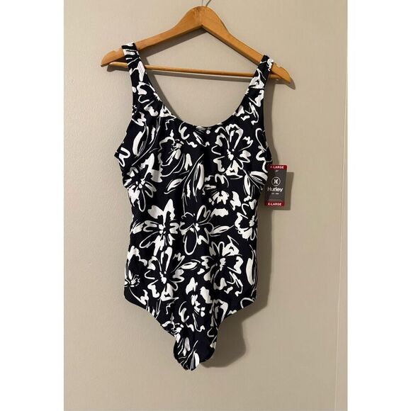 Hurley Women's XL One Piece Swimsuit Black White Floral UPF 50+ Sun Protection - Picture 7 of 14